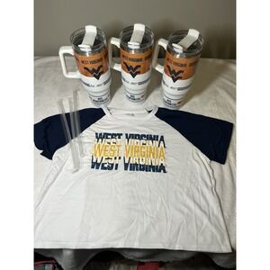 West Virginia Mountaineers TShirt & 3 Tumblers Straws Set WVU Fan Gear‎